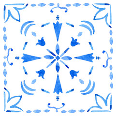 A hand-drawn watercolor blue square with a Mediterranean-style ornament. Blue and white title design in azulejo style use as print, decoration, postcard, element design, textile, package, fabric.