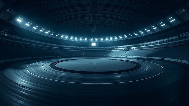 Empty indoor velodrome with dramatic lighting on the curved track and moody shadows.