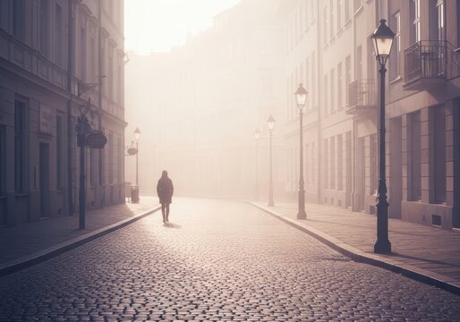 Illustration of a lonely man walks along a cobblestone street in the fog in the city