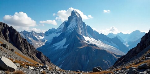 Sunlit Mountain Peak with clear blue sky A towering mountain peak bathed in intense, bright sunlight, set against a vast, uninterrupted expanse of clear, deep blue sky. The rugged terrain is sharply