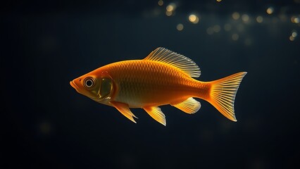 A single golden fish swimming in water with a dark background.