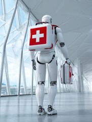 Fototapeta premium A robot medic carries a first aid kit and a suitcase in a sleek healthcare location, showcasing advanced technology and care.