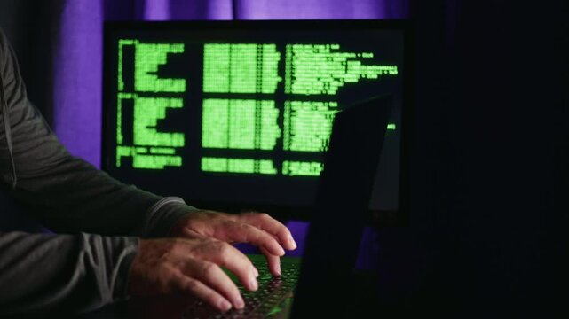 Programmer coding AI algorithms under purple light ambience, programmer enhancing machine intelligence systems, programmer innovating tech solutions precisely, great for AI development adv campaigns