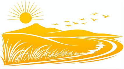 太陽と鳥が飛ぶ田園風景のシルエットイラスト
