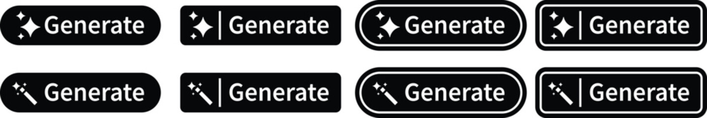 AI generate button icon set, magic wand and sparkle symbols collection, artificial intelligence interface elements group, modern flat and line vector design pack for app, web and ui ux graphics