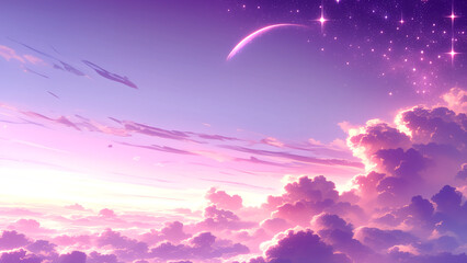 夕焼け空と雲海、三日月と星が輝く幻想的な風景