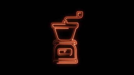 Vintage manual coffee grinder glowing neon orange on black background, perfect for cafe branding and kitchen decor