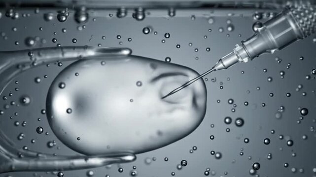 Close Up Microscopic View of In Vitro Fertilization Procedure with Needle Injecting Fluid into Egg Cell Surrounded by Bubbles in