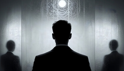 Dark Silhouette of a Businessman Facing a Bright Light with Ghostly Reflections on a Grayscale Background, Concept for Corporate Power, Mystery, Leadership, Secret, or Dramatic Thriller Poster Templat