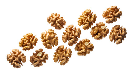 Obraz premium Walnut halves arranged diagonally on a transparent background, isolated on transparent background
