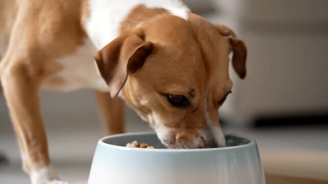 Close-up of a brown and white medium-sized dog enthusiastically eating kibble from a light blue bowl in a well-lit home interior