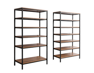 Two tall wooden and metal shelving units on a black background