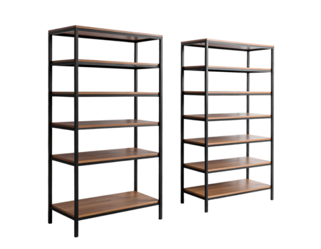 Two tall wooden and metal shelving units on a black background