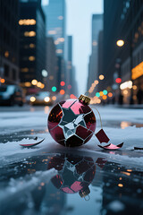 Shattered Holiday Spirit: A Broken Silver Ornament on a Cold City Street at Night

