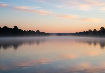 Illustration of misty river surface at sunrise with soft pastel colors reflecting
