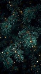 Christmas Tree Branches with Twinkling Lights Festive Holiday Background Winter Celebration Elegant Dark Green Nature Seasonal Decor
