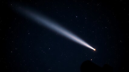Celestial comet with iridescent tail stretching across starry darkness, framed by telescope lenses.