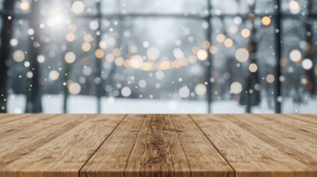 Wooden table with snowy winter background and blurred festive lights for holiday celebration or Christmas seasonal mockup display