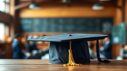 Graduation cap on wooden surface symbolizing academic achievement.