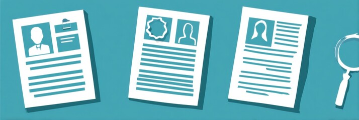 Creative Representations of Resumes on a Teal Background Showcasing Professional Profiles and Search Activities