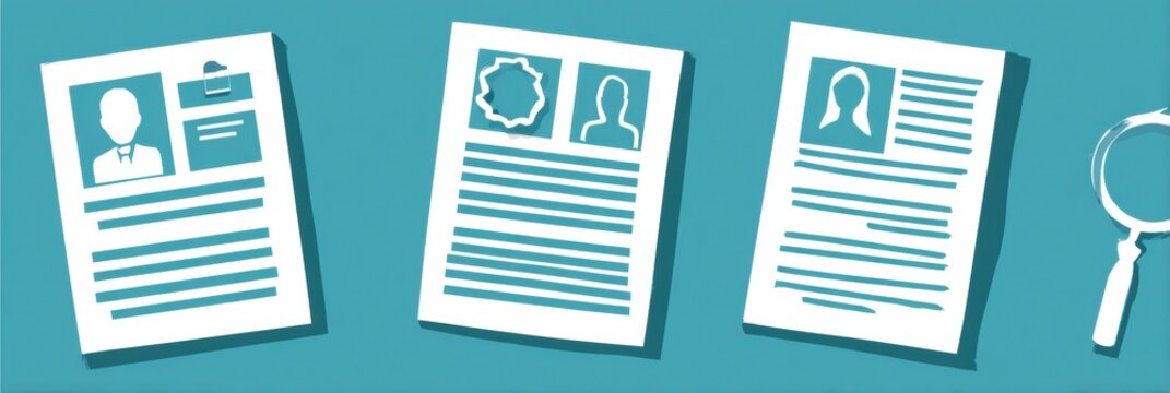 Creative Representations of Resumes on a Teal Background Showcasing Professional Profiles and Search Activities
