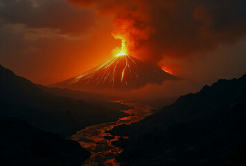 Erupting volcano with flowing lava at night