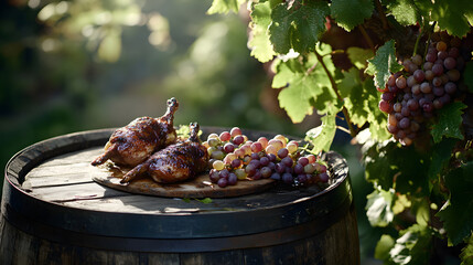Summer Quail With Grapes Rustic Wine Barrel