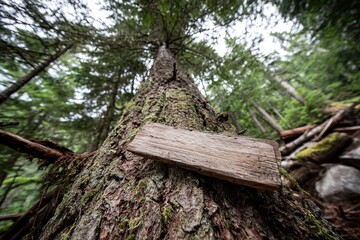 Fototapeta premium Wooden sign on a towering tree in a dense forest during a cloudy day near a hiking trail