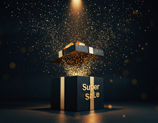 Luxury black gift box with golden glowing light and glitter particles emerging, featuring the text “SUPER SALE” in elegant gold letters under a spotlight.	