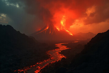 Erupting volcano with flowing lava at night
