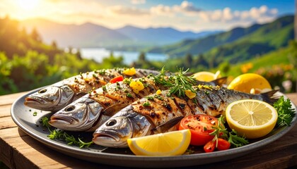 A plate of grilled whole fish garnished with lemon slices, tomatoes, and herbs rests on a wooden surface outdoors, with a lake, mountains, and a glowing sky in the background—evoking freshness, flavor