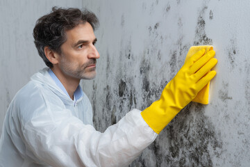 A middle-aged Caucasian man with dark hair cleans mold from a wall. He wears a white protective suit and yellow rubber gloves, focused on the task.