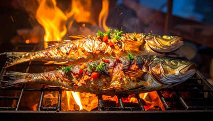 Two whole fish grill over open flames, stuffed with herbs and vegetables—evoking rustic flavor, elemental cooking, and the smoky rhythm of outdoor culinary tradition.