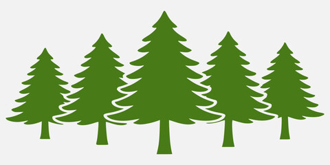 Obraz premium Five green pine trees in a row, a simple forest silhouette icon isolated on a light gray background