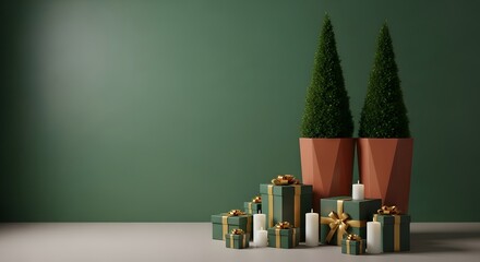 Elegant christmas presents and candles arranged beside tall green trees on a minimalist background