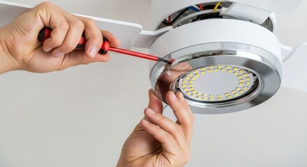 Ceiling fan light repair Handyman fixing LED lighting with screwdriver.