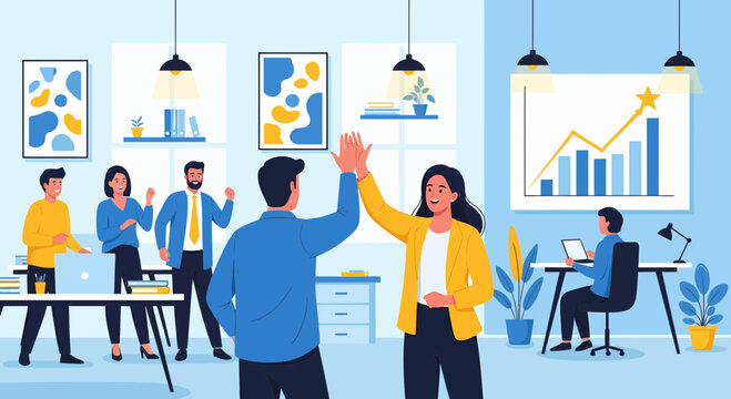 Enthusiastic Team Celebrating Achievement In Modern Office Space