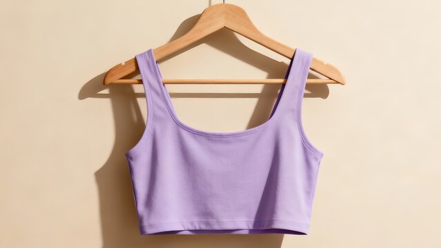 A plain lavender crop top mockup hanging on a wooden hanger, minimal beige background, soft natural shadows, clean studio lighting, perfect for women’s casual fashion branding.
