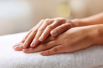 Relaxing hands on a soft towel at a peaceful spa setting for pampering and rejuvenation