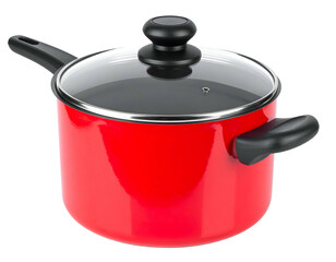 A bright red cooking pot with a glass lid and black handles