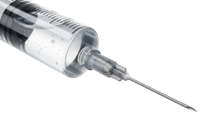 Syringe with clear vaccine liquid close-up on transparent background  