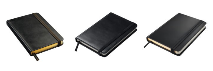 Three black notebooks with elastic bands isolated on a transparent background
