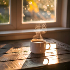 Steaming cup of coffee bathed in warm morning sunlight by a window
