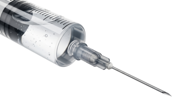 Syringe with clear vaccine liquid close-up on transparent background  