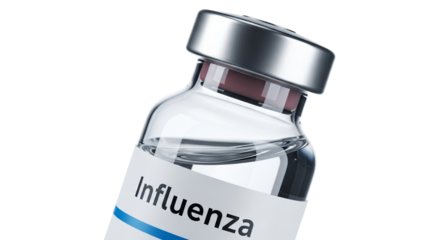 Influenza vaccine vial labeled “Influenza - 1” on transparent background  