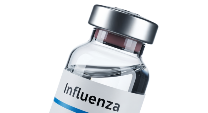 Influenza vaccine vial labeled “Influenza - 1” on transparent background  