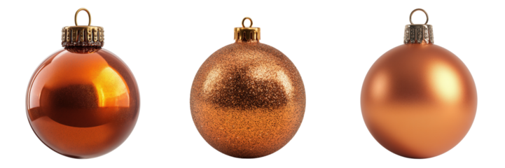 Three copper Christmas ornaments isolated on a transparent background 1