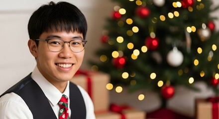 Smiling man in festive attire poses in front of a decorated christmas tree