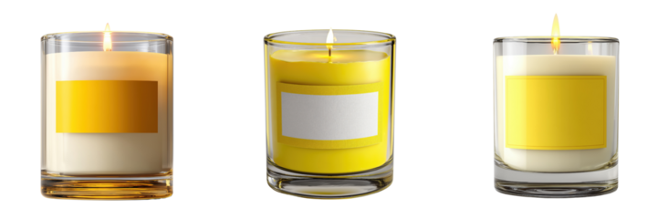Three glass candles with yellow labels isolated on a transparent background