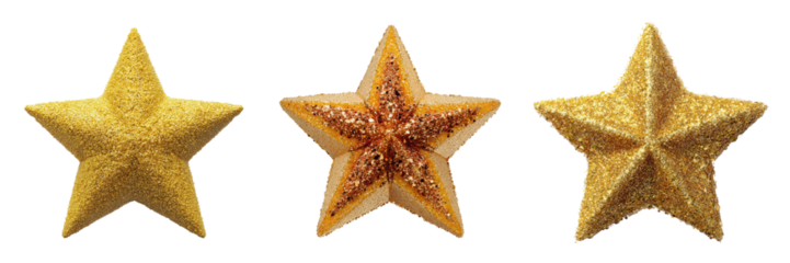 Three Glittering Gold Stars isolated on a transparent background